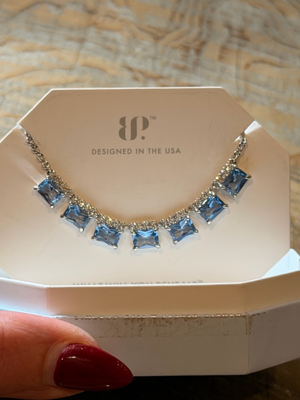 Bomb Party NWOT! Blue Crystal Square Pendant Necklace - Silver Tone